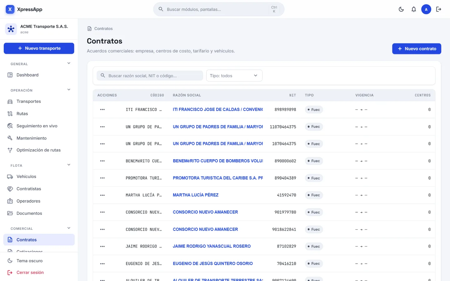 Módulo Contratos y Cotizaciones en la consola de XpressApp