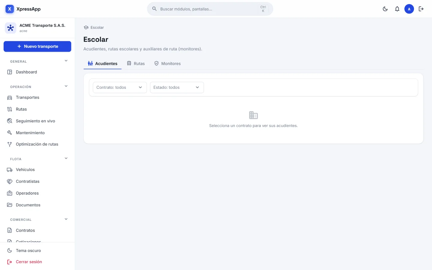 Módulo Transporte escolar en la consola de XpressApp
