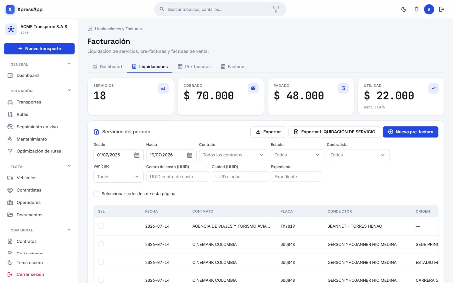 Módulo Facturación en la consola de XpressApp