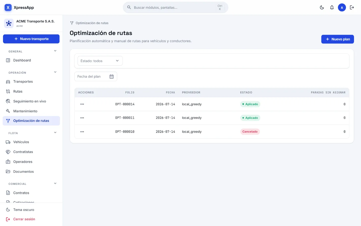 Módulo Optimización de rutas en la consola de XpressApp