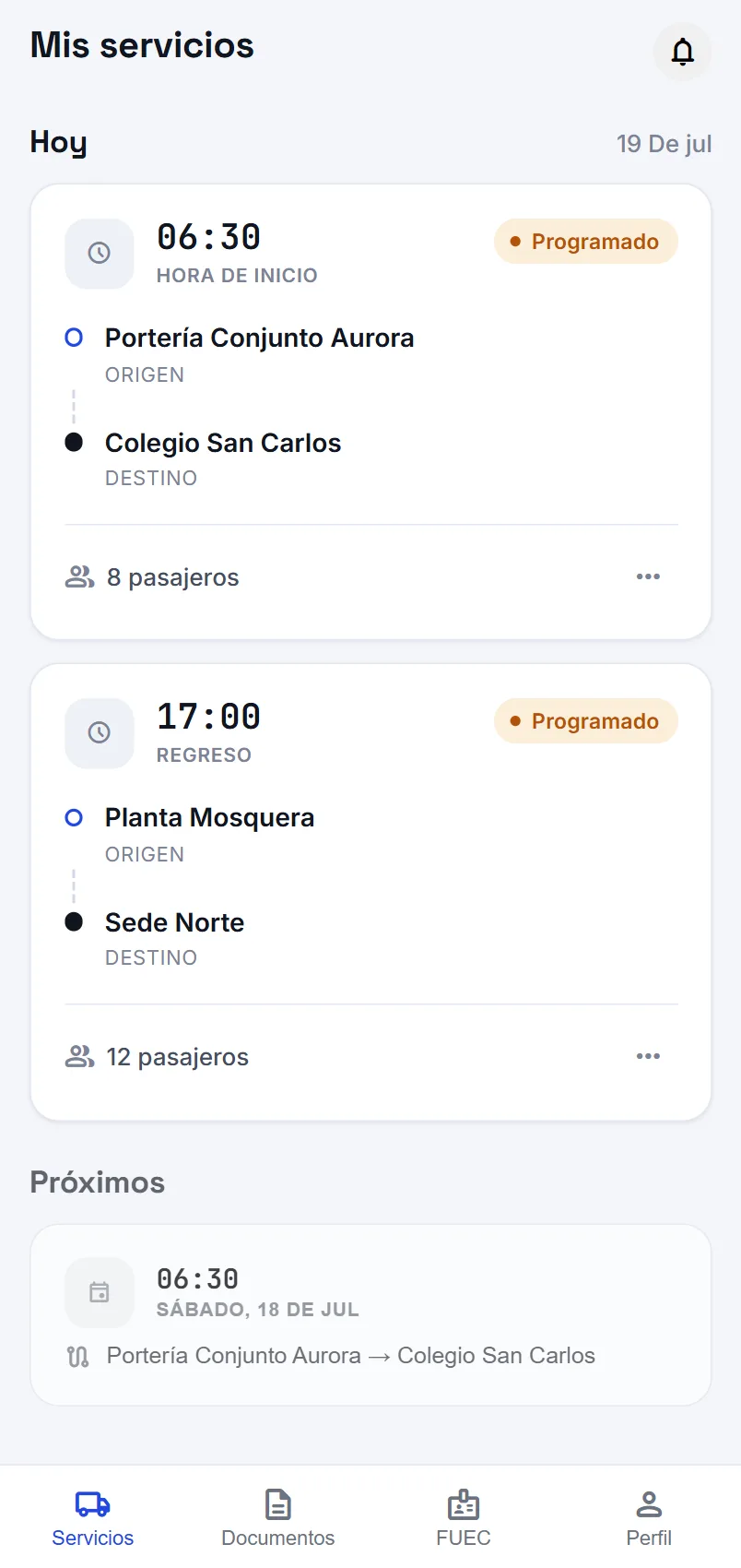App de conductores de XpressApp: mis servicios del día