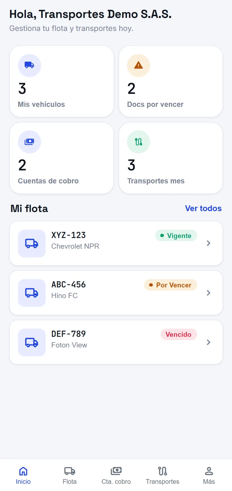 Portal de contratistas de XpressApp: flota y cuentas de cobro